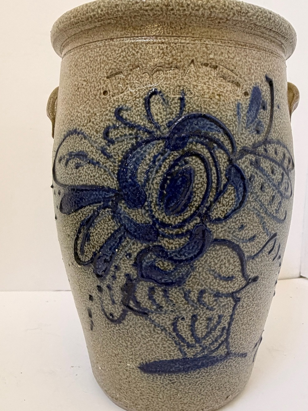 Ethan Allen Beige Stoneware Vase with Blue Floral Motif